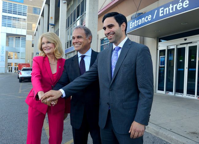 MP Kate Young, left, Via Rail president Yves Desjardins-Siciliano, and MP Peter Fragiskatos announced infrastructure improvements at VIA Rail stations in London and Sarnia on Sept. 12. (MORRIS LAMONT, The London Free Press)