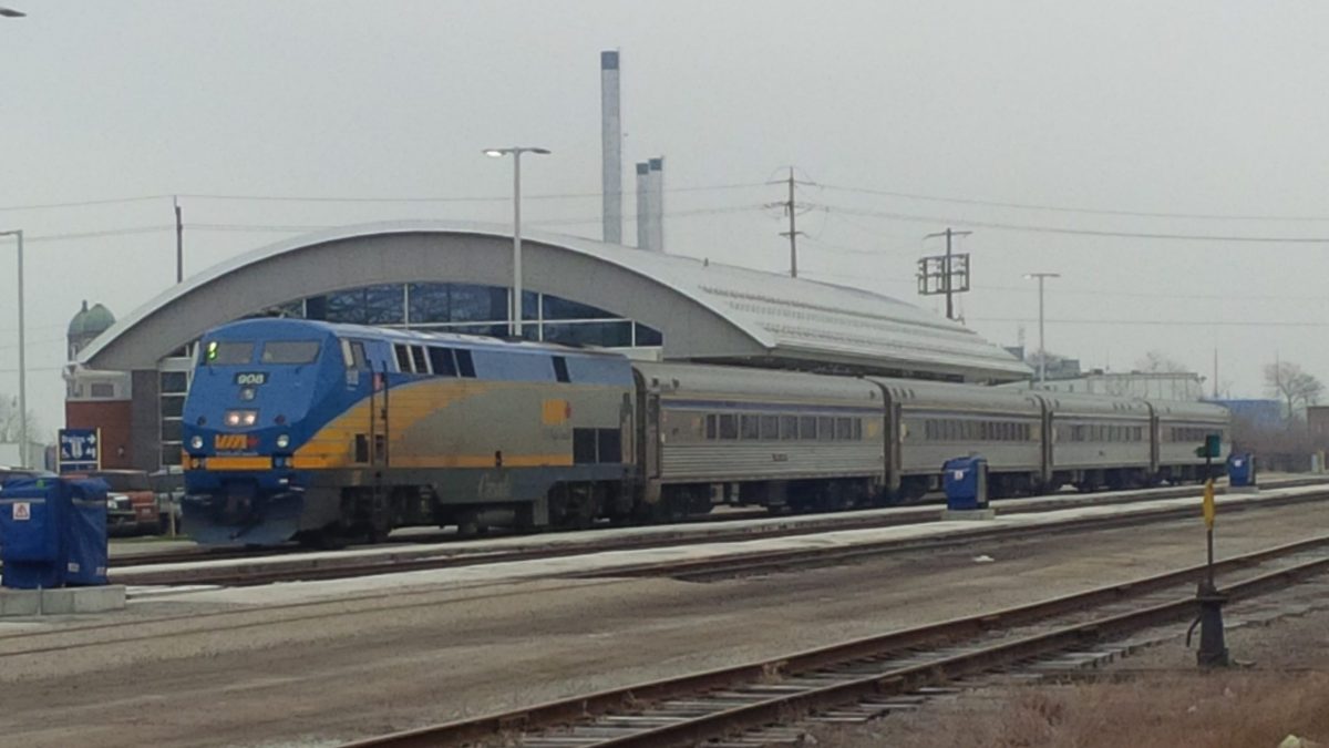 VIA Rail P42 locomotive 908 and stainless steel coaches at Windsor station