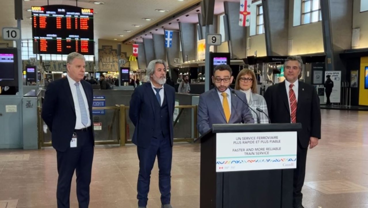 Announcement of FRQ for High Frequency Rail, at Montreal Central Station. Martin R Landry, President and CEO of VIA Rail; Pablo Rodriguez, Minister of Canadian Heritage; Omar Alghabra, Minister of Transport (speaking); Annie Koutrakis Parliamentary Secretary to the Minister of Transport.