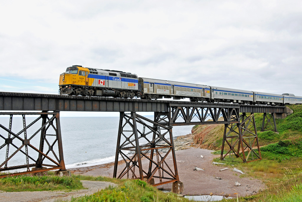 VIA Rail's Chaleur train crosses a bridge at Grande-Rivière, Quebec. Photo by Dennis Jarvis.