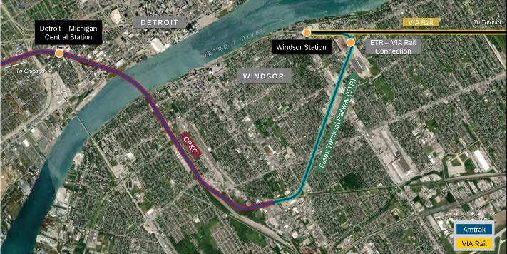 Map of proposed passenger rail connection between Windsor and Detroit, using Essex Terminal Railway and CPKC trackage to reach the tunnel.