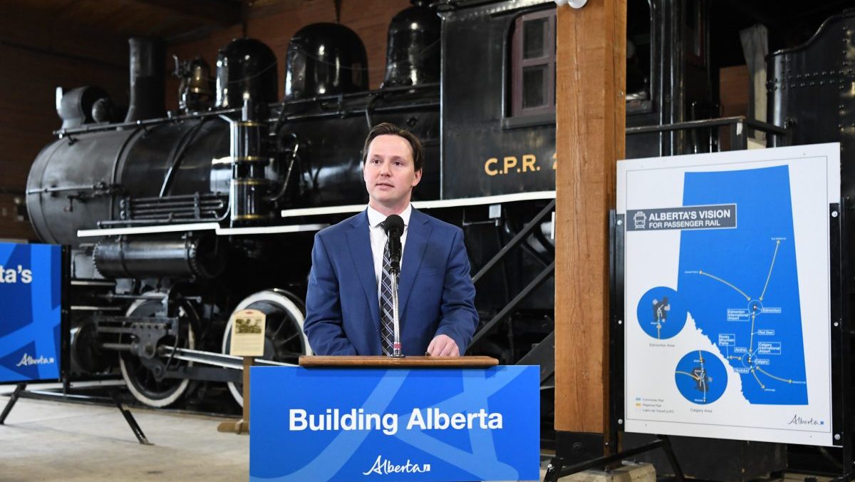Minister Devin Dreeshen announces Alberta's Passenger Rail Master Plan at Heritage Park (Photo by Chris Schwarz/Government of Alberta)